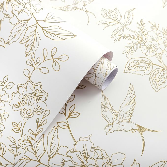 Froluya Cream White and Gold Floral Wallpaper Peel and Stick Wallpaper - Image 6