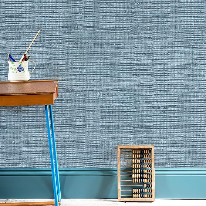 JiffDiff Grasscloth Wallpaper Peel and Stick 1181" x 17.3" Blue Cream - Image 9