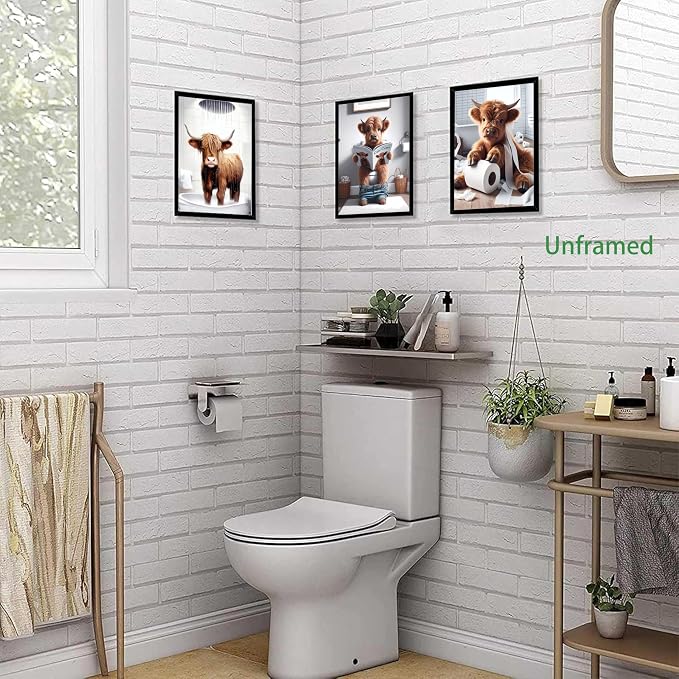 SEHSUVC Funny Bathroom Cow Posters Wall Art Set of 9, Vintage Brown Highland - Image 8