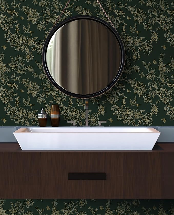 Froluya Dark Green and Gold Wallpaper Floral Peel and Stick Wallpaper - Image 6