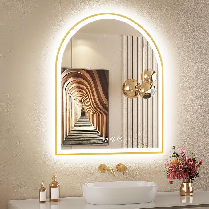 Arched LED Mirror for Bathroom 24"x30", Brushed Gold Lighted Bathroom Mirror by OUMUSUMIRROR
