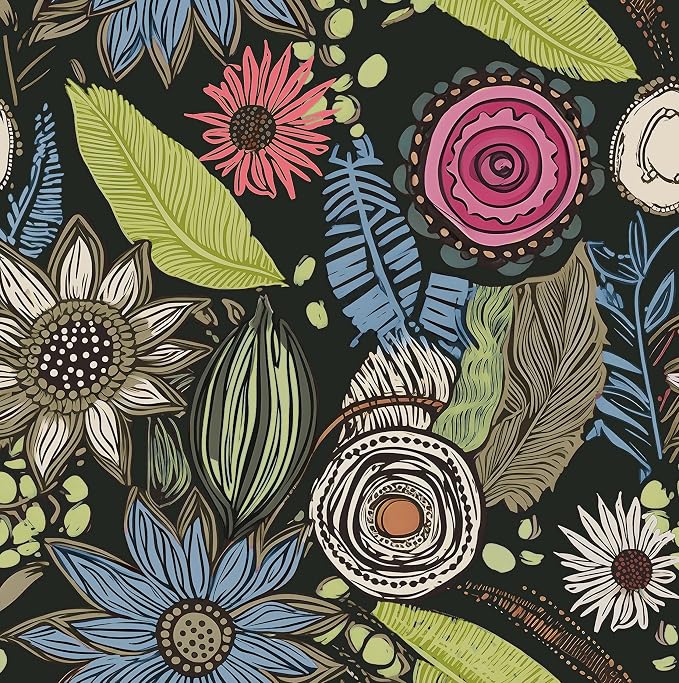 Dark Green Wallpaper Peel and Stick, Boho Vintage Floral Contact Paper by Laatse