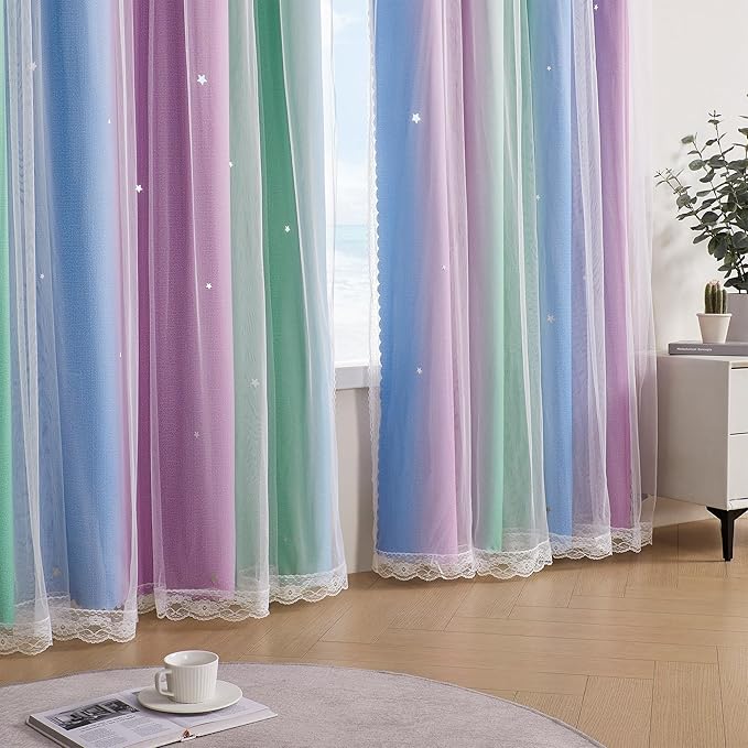 XiDi Blue & Rainbow Curtains for Kids & Girl Room - Image 3