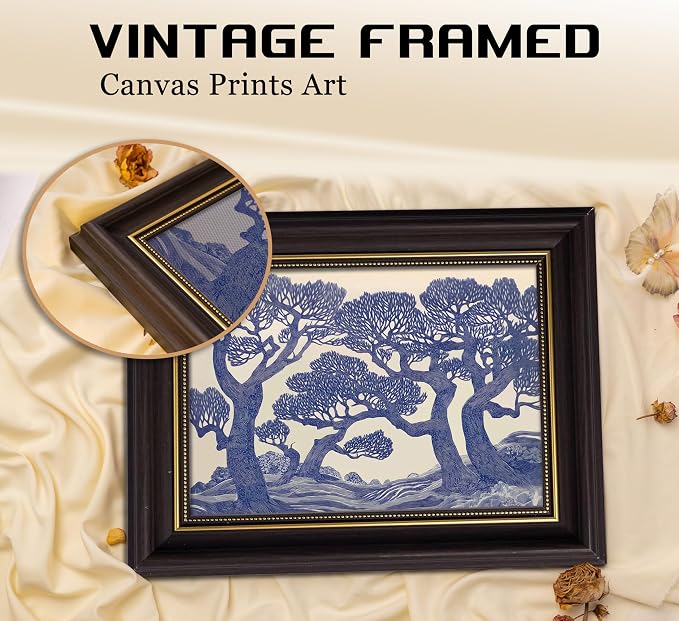 Vintage Gold Framed Wall Art Oak Tree Forest Painting Canvas Prints Blue - Image 3