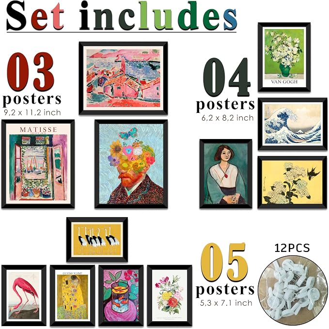 LANCHI95 12 Pcs Eclectic Wall Art Decor FRAMED, Eclectic Home Decor, Retro - Image 2