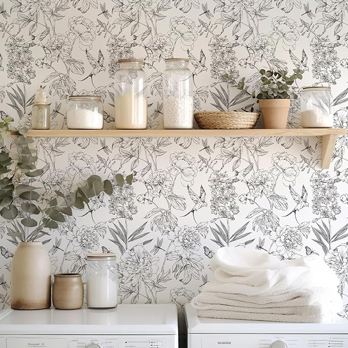 JiffDiff White and Black Wallpaper Peel and Stick Sketched Peony Floral - Image 8