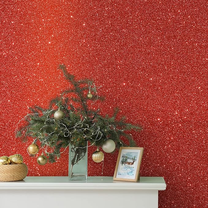 CHIHUT 15.7''x236'' Shiny Red Glitter Wallpaper Stick and Peel - Image 2