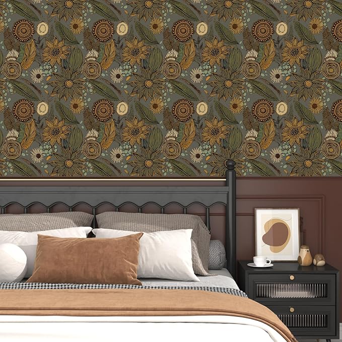 Grey Boho Wallpaper Peel and Stick, Vintage Green Yellow Floral Contact Paper - Image 2