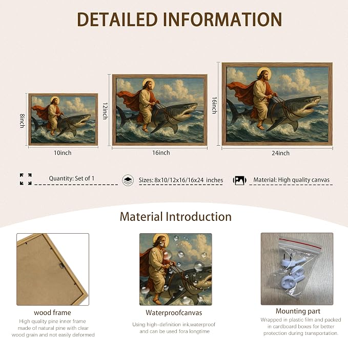 Framed Jesus Riding a Shark Wall Art, Humorous Christian Canvas Print, Fun - Image 5