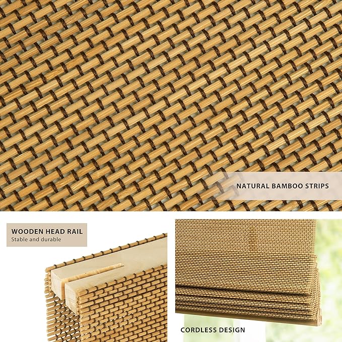 LazBlinds No Tools No Drill Cordless Bamboo Roman Shades, Custom Light - Image 2