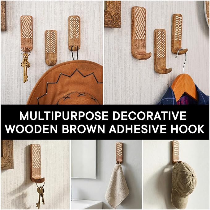 Indian Shelf 10 LB Decorative Wood Adhesive Wall Hooks–Boho Peel and Stick Hooks - Image 7