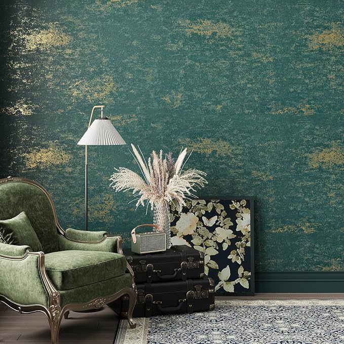 VEELIKE Distressed Teal Gold Metallic Wallpaper Peel and Stick Plaster Concrete - Image 3