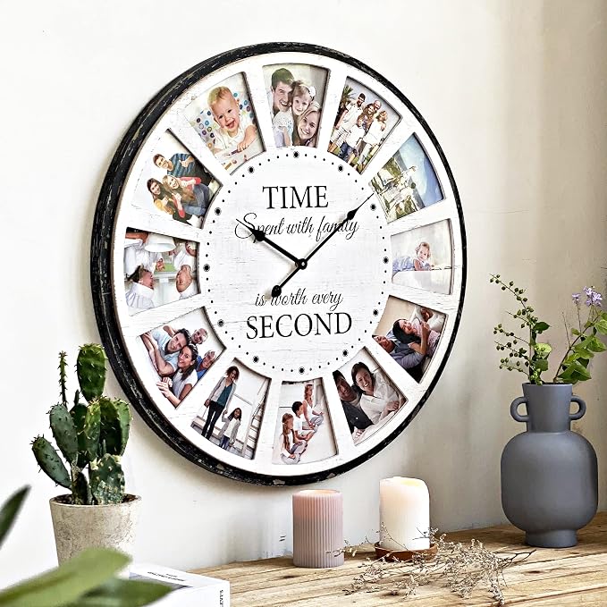 12 Photo Collage Family Wood Wall Clock, Rustic Farmhouse Wall Clock, Large - Image 5