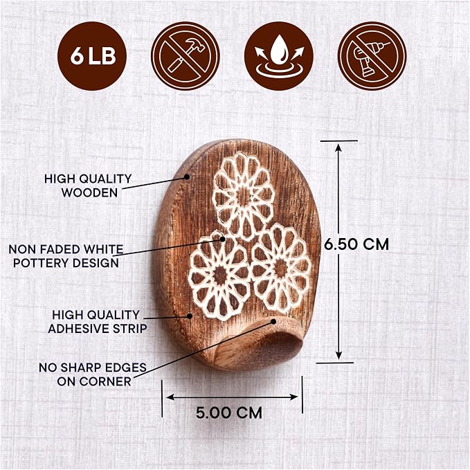 Indian Shelf 6 Lb- 6 Pieces Decorative Wood Adhesive Wall Hooks–Boho Peel and - Image 6