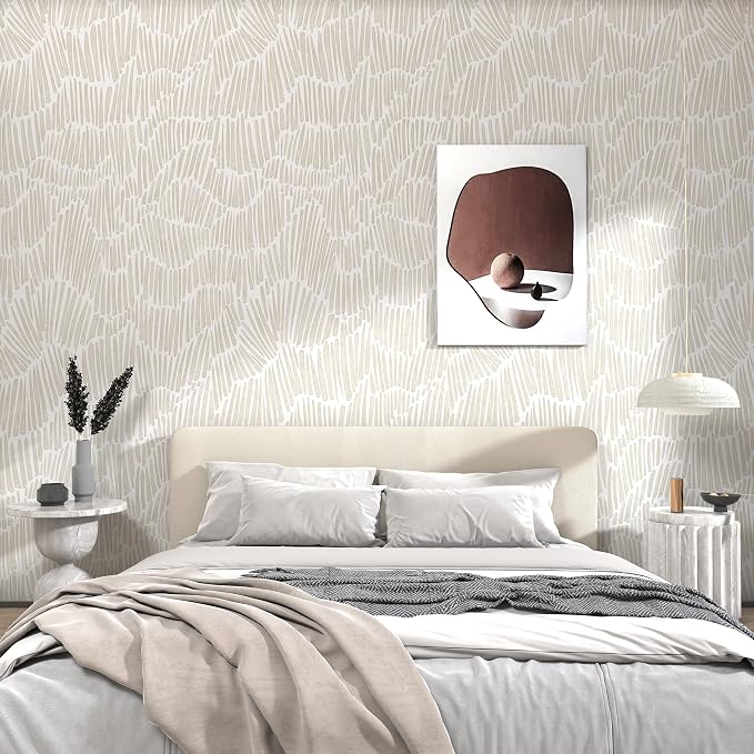 Theper Beige Modern Striped Peel and Stick Wallpaper Boho 17.3"×590" Self - Image 4