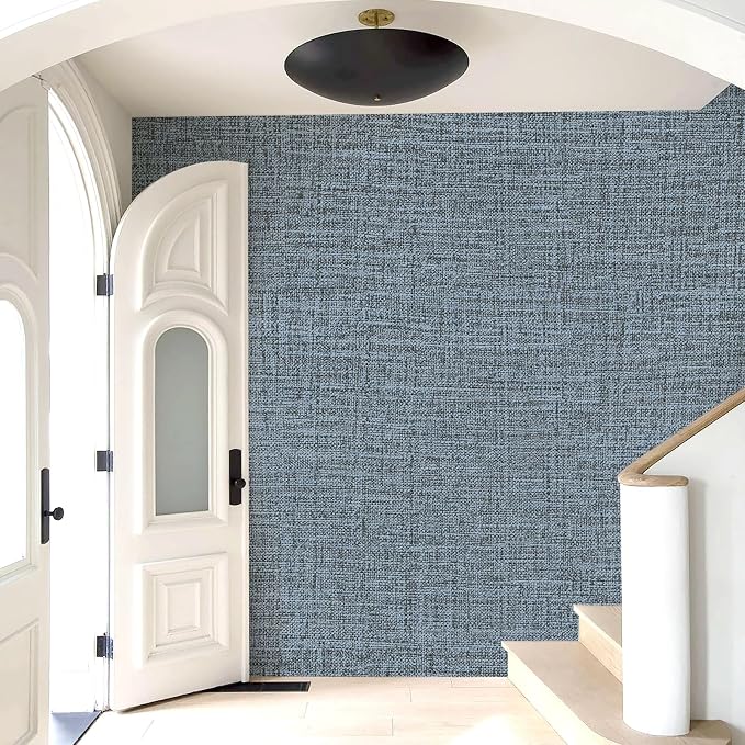 Amiya Grasscloth Wallpaper 17.3"x80" Blue Peel and Stick Faux Fabric Linen - Image 9