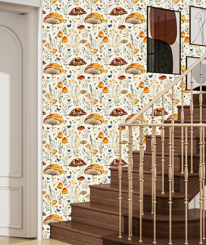 BOKEBEVE Mushroom Peel and Stick Wallpaper Beige Colorful Floral Contact Paper - Image 5