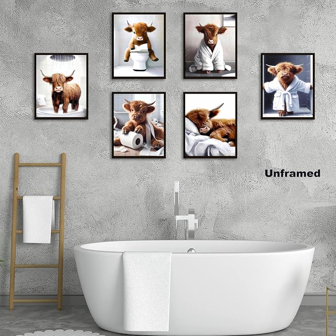 SEHSUVC Funny Bathroom Cow Posters Wall Art Set of 9, Vintage Brown Highland - Image 5
