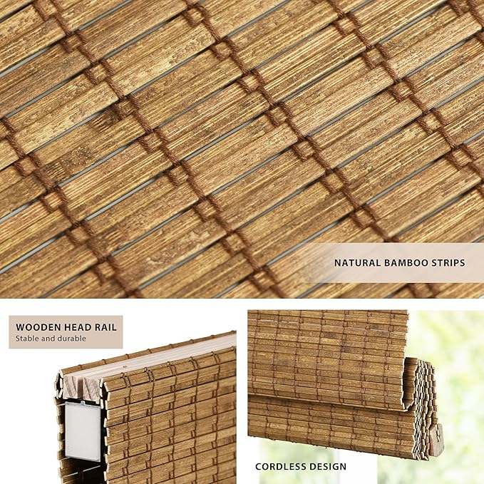 LazBlinds No Tools No Drill Cordless Bamboo Roman Shades, Custom Light - Image 2