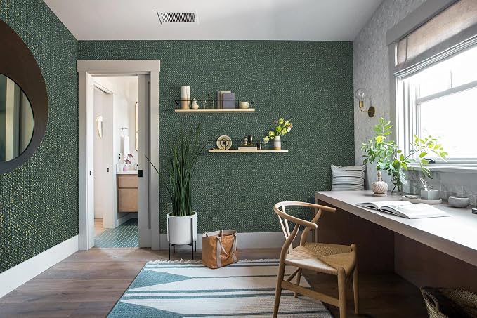 Guvana Grasscloth Peel and Stick Wallpaper Green/Gold Textured Contact Paper - Image 4