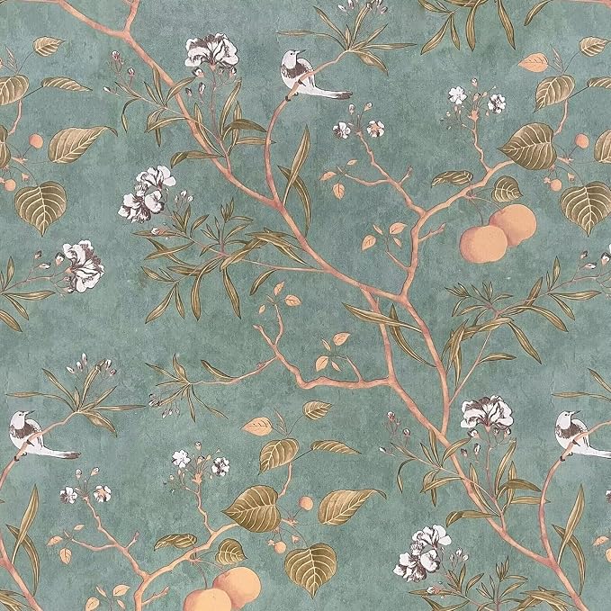 Laatse Green Floral Wallpaper Peel and Stick Bird Wallpaper 17.5" x 78.7" by Laatse