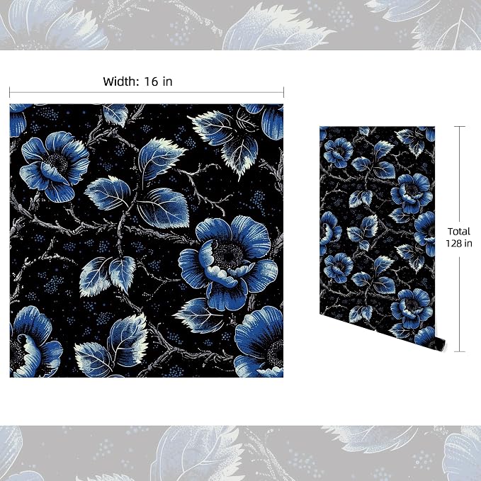 FLFK Floral Wallpaper Peel and Stick Dark Blue Flower Wallpaper 16" x 128" - Image 2