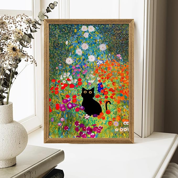 Fantasy Artists Gustav Klimt Canvas Wall Art, Framed Aesthetic Cat Floral Wall - Image 4