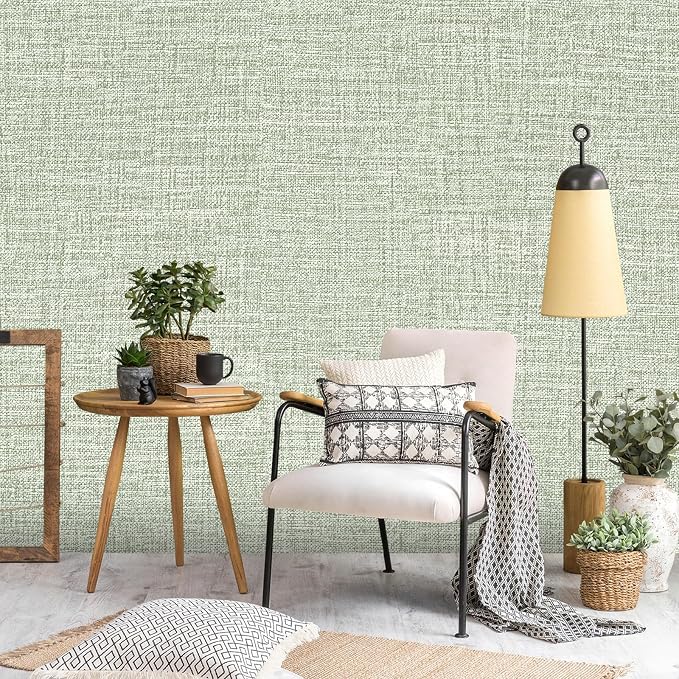 Green Grasscloth Peel and Stick Wallpaper 17.3"x300" Faux Linen Textured - Image 6
