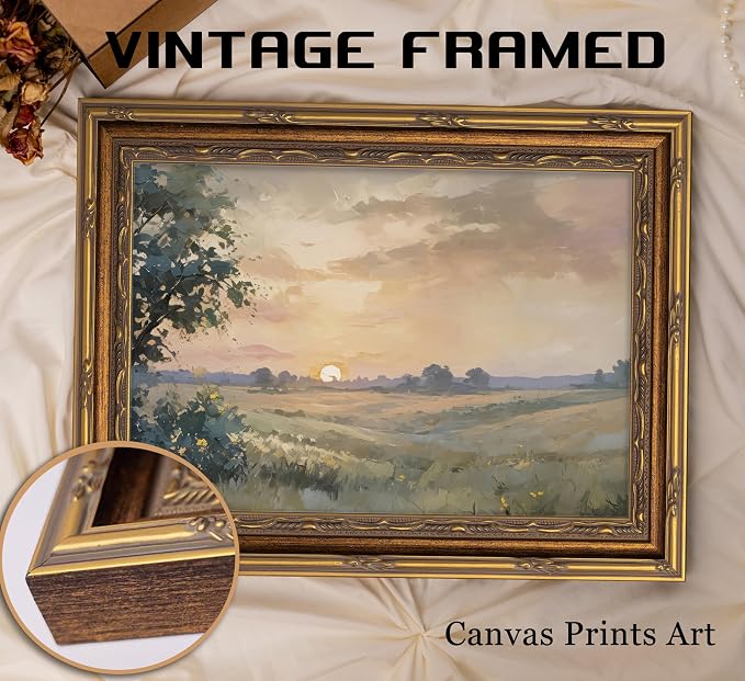 Vintage Gold Framed Wall Art Retro Fall Sunset Country Oil Painting Canvas - Image 4