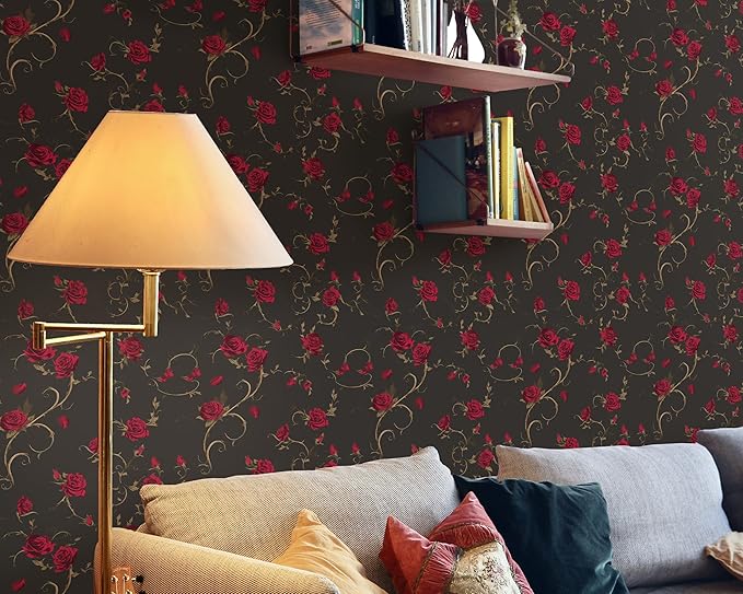 FLFK Peel and Stick Gothic Wallpaper Red Rose Floral Wallpaper 16in x 128in - Image 3