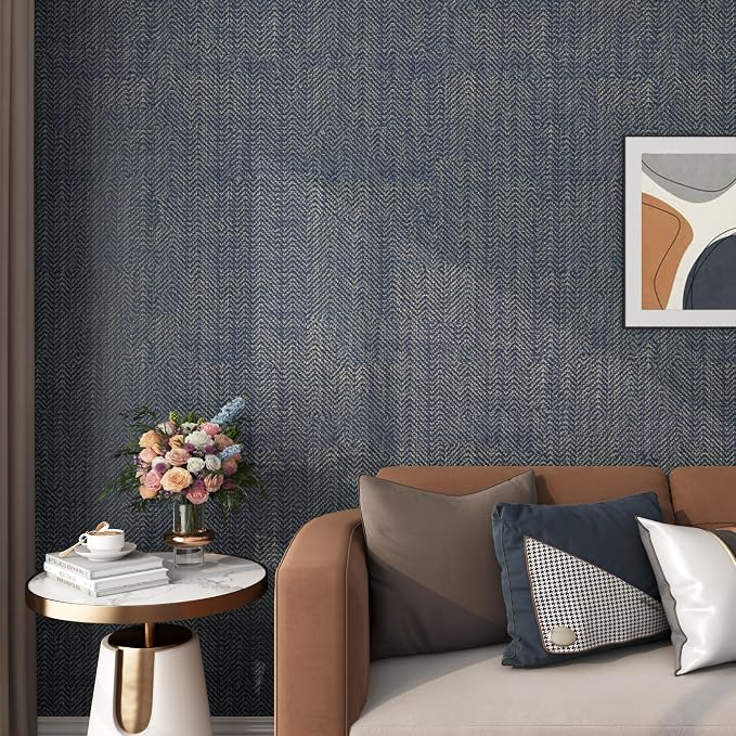 FunStick 24"x200" Dark Blue and Gold Grasscloth Peel and Stick Wallpaper - Image 3