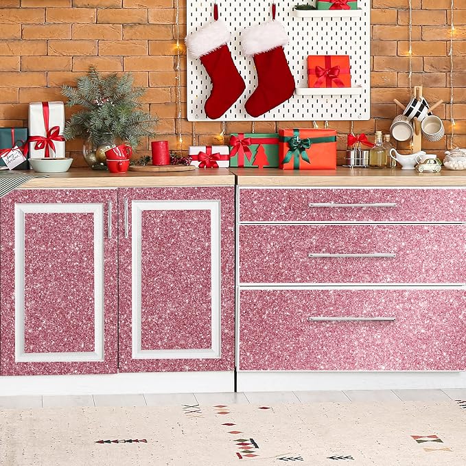CHIHUT Pink Glitter Wallpaper Stick and Peel 15.7''x100'' Sparkle Glitter - Image 4