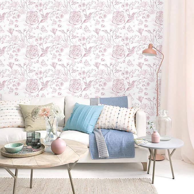Yasinet Pink Floral Wallpaper Boho Peel and Stick Wallpaper Pink and White - Image 2