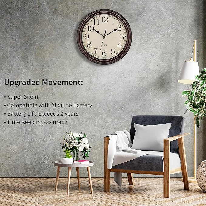 Foxtop 14 Inch Wall Clock Battery Operated Silent Non-Ticking Round Classic - Image 3
