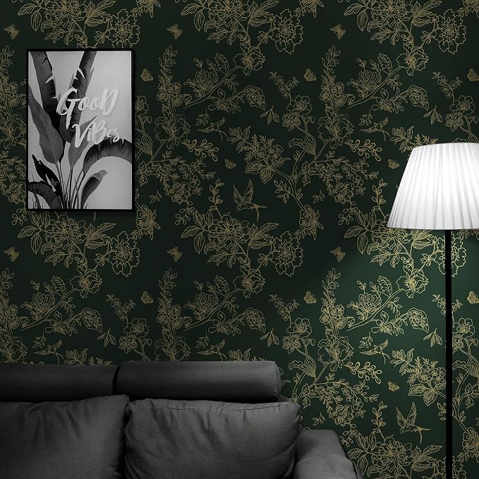 Froluya Dark Green and Gold Wallpaper Floral Peel and Stick Wallpaper - Image 4