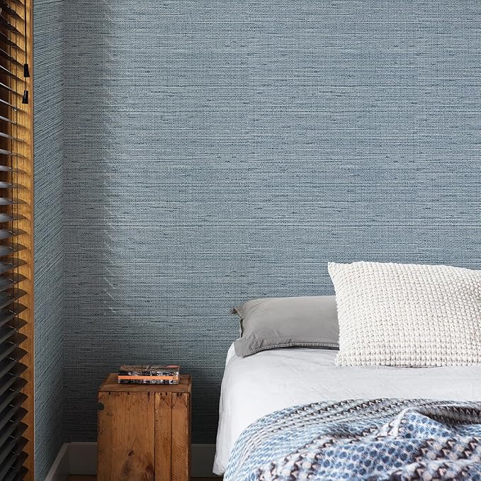 Simon&Siff Grey Blue Textured Grasscloth Peel and Stick Wallpaper 17.7"x394" by SimonSiff