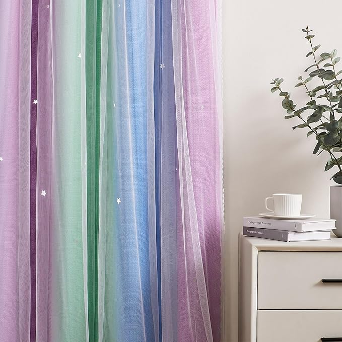 XiDi Curtains for Bedroom Decor, Rainbow Green PurpleBlue34/90/1 - Image 3