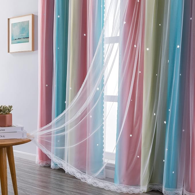 XiDi Curtains for Bedroom Decor, Rainbow Pink-Blue-34-90 - Image 6
