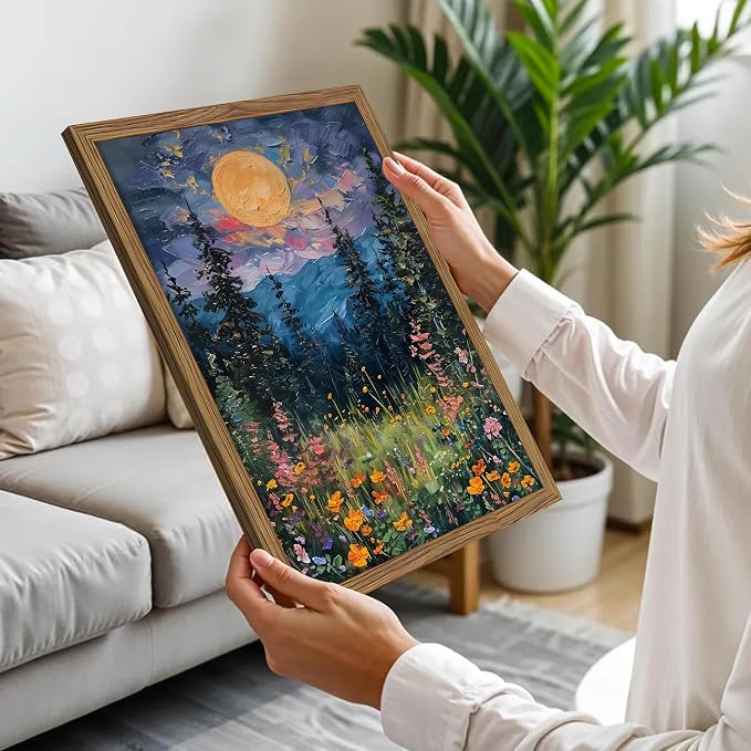 Framed Nature Forest Canvas Wall Art, Full Moon above Wildflowers and Woodland - Image 4