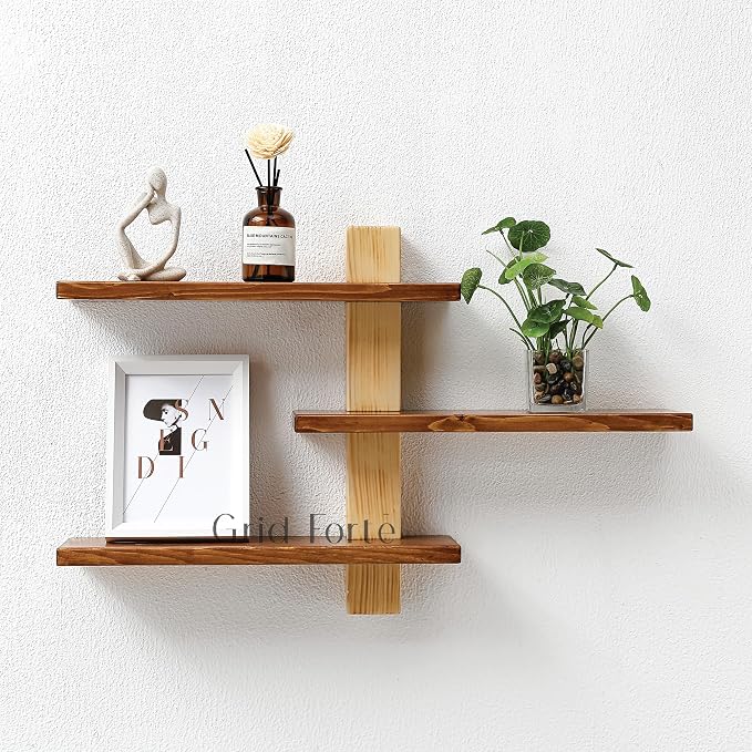 GRID FORTE Wood 3 Tier Floating Shelf, Large Minimalist Wall Shelves, Mid - Image 3