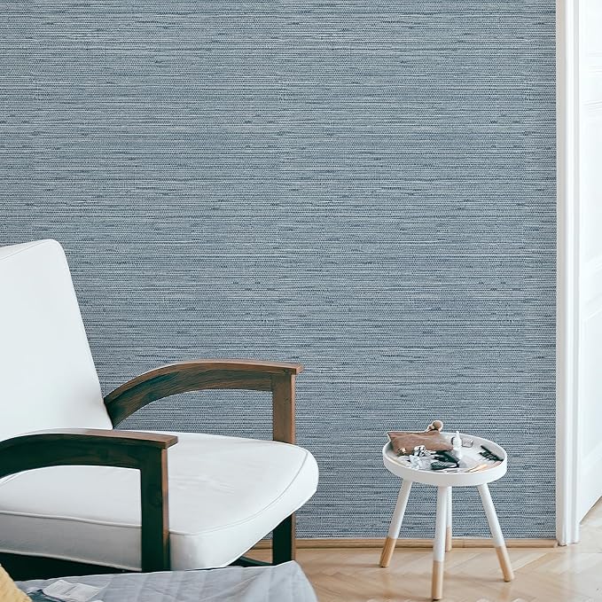 Simon&Siff Grey Blue Textured Grasscloth Peel and Stick Wallpaper 17.7"x394" - Image 3