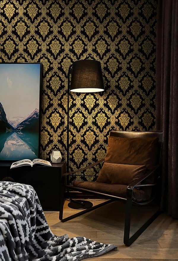 Peel and Stick Wallpaper Black and Yellow Damask Wallpaper - Image 5