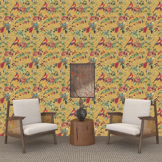 Yellow Boho Wallpaper Peel and Stick, Vintage Floral Bird Contact Paper - Image 7