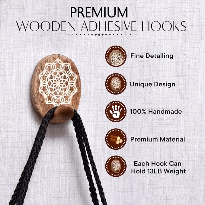 Indian Shelf 6 Lb- 3 Pieces Decorative Wood Adhesive Wall Hooks–Boho Peel and - Image 3
