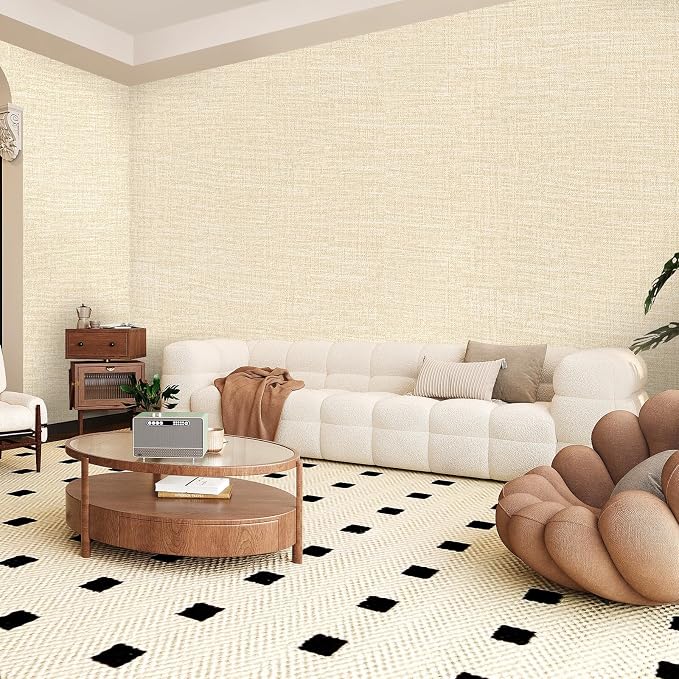 Amiya Grasscloth Cream Wallpaper Peel and Stick Beige Faux Fabric Linen Contact - Image 6