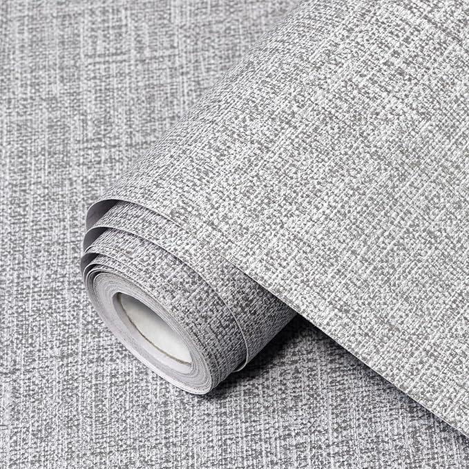 Grey Grasscloth Peel and Stick Wallpaper 17.3"x120" Faux Linen Textured Contact by Uooar