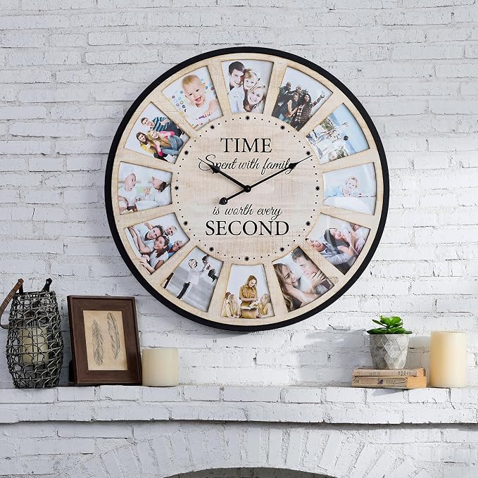 12 Photo Collage Rustic Wood Farmhouse Wall Clock, Large Family Picture Wall - Image 4