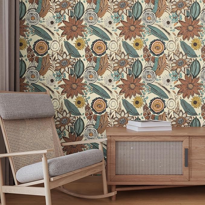 Boho Wallpaper Peel and Stick, Retro Floral Contact Paper 17.5" x 393.7" - Image 5