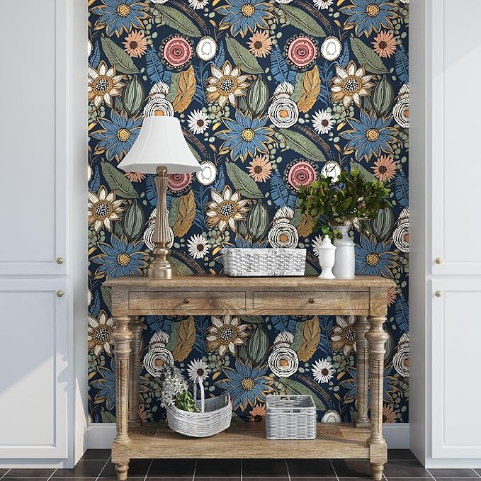 Boho Wallpaper Peel and Stick, Dark Vintage Floral Contact Paper, Retro - Image 6