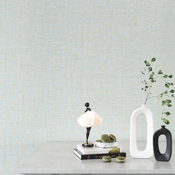 VEELIKE Blue Gold Grasscloth Peel and Stick Wallpaper 15.7''x118'' - Image 5
